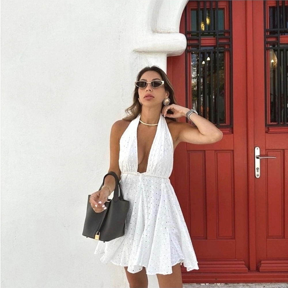 ZARA EMBROIDERED EYELET HALTER DRESS SIZE L XL WHITE - Picture 2 of 12